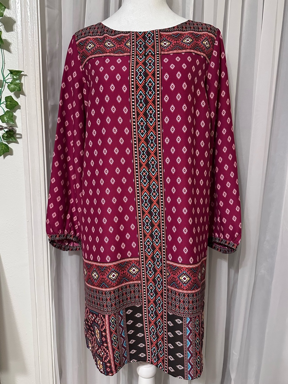 Loft Boho Western Raspberry Turquoise Orange Long sleeve Shift Dress Size S